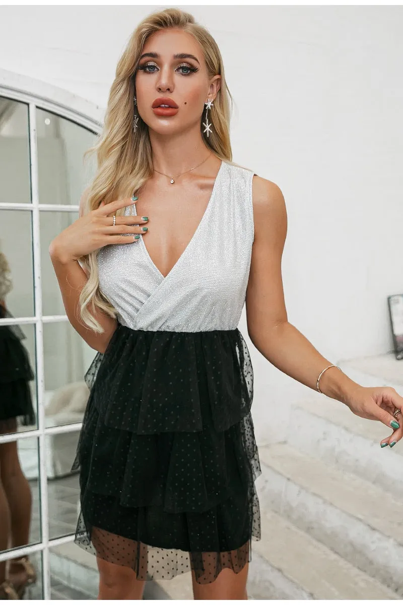 Sexy Deep V-neck Party Sleeveless Lace High Waist Summer Mini Dress