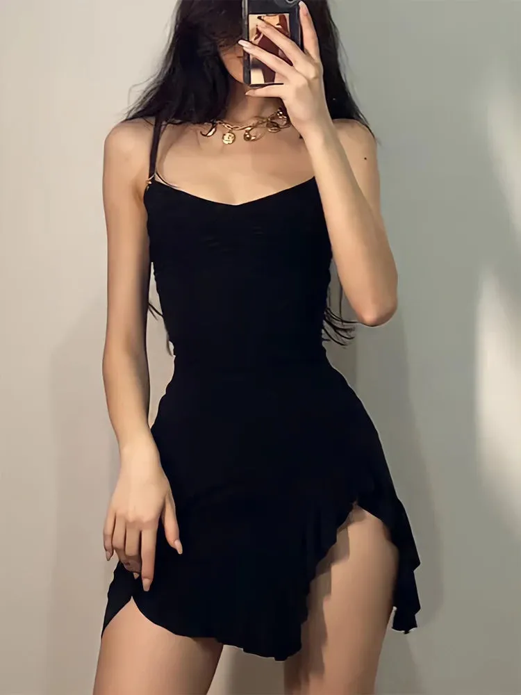 Sexy Mini Dress Women Summer New Black Sleeveless Strap Backless Folds Bodycon Split Dress Streetwear Elegant Party A-LINE Dress