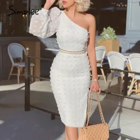 Sexy One Shoulder Elegant Dot Print Bodycon Puff Sleeve Midi Dress