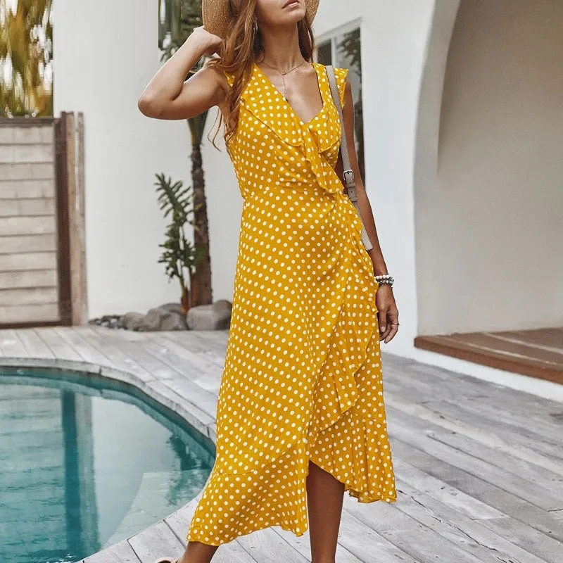 Sexy Polka Dot Sleeveless Ruffled High Waist Summer Casual V-neck Wrap Holiday Beach Wear Maxi Dress