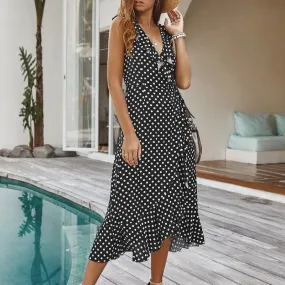 Sexy Polka Dot Sleeveless Ruffled High Waist Summer Casual V-neck Wrap Holiday Beach Wear Maxi Dress