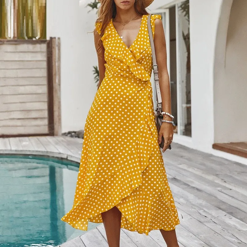 Sexy Polka Dot Sleeveless Ruffled High Waist Summer Casual V-neck Wrap Holiday Beach Wear Maxi Dress