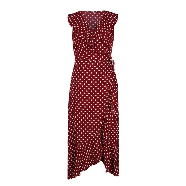 Sexy Polka Dot Sleeveless Ruffled High Waist Summer Casual V-neck Wrap Holiday Beach Wear Maxi Dress