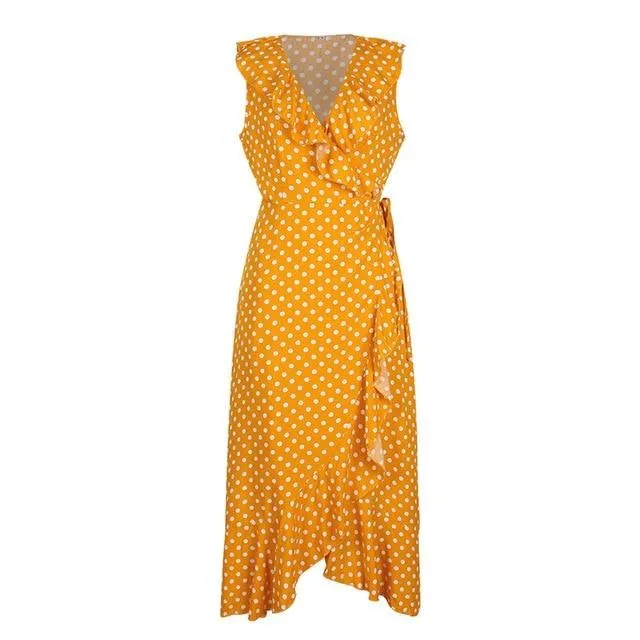 Sexy Polka Dot Sleeveless Ruffled High Waist Summer Casual V-neck Wrap Holiday Beach Wear Maxi Dress