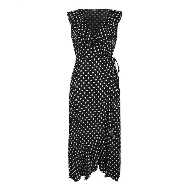 Sexy Polka Dot Sleeveless Ruffled High Waist Summer Casual V-neck Wrap Holiday Beach Wear Maxi Dress