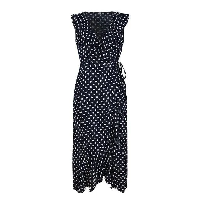 Sexy Polka Dot Sleeveless Ruffled High Waist Summer Casual V-neck Wrap Holiday Beach Wear Maxi Dress