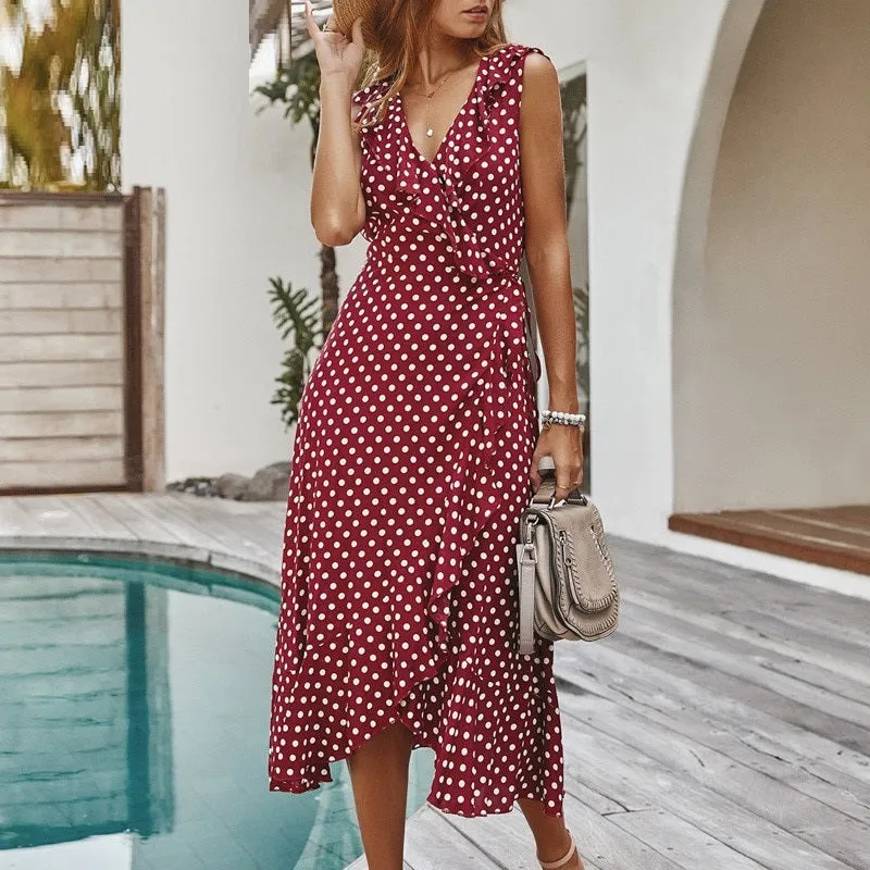 Sexy Polka Dot Sleeveless Ruffled High Waist Summer Casual V-neck Wrap Holiday Beach Wear Maxi Dress