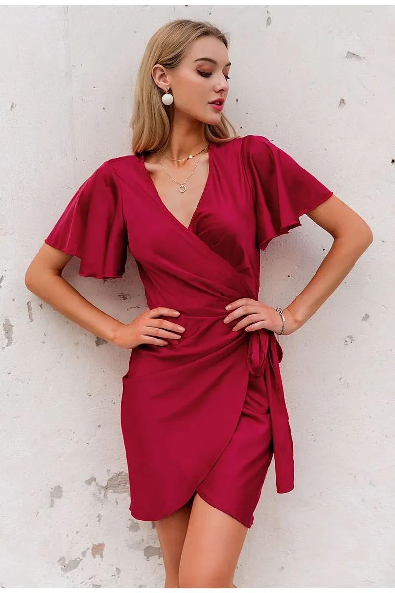 Sexy Red Party Streetwear Solid Ruffled Wrap Sash Mini V-neck Asymmetrical Chic Evening Summer Dress