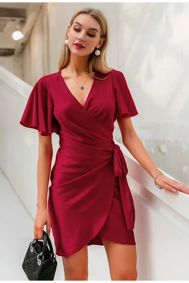 Sexy Red Party Streetwear Solid Ruffled Wrap Sash Mini V-neck Asymmetrical Chic Evening Summer Dress