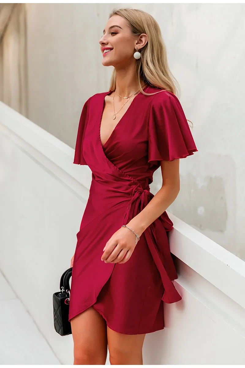 Sexy Red Party Streetwear Solid Ruffled Wrap Sash Mini V-neck Asymmetrical Chic Evening Summer Dress