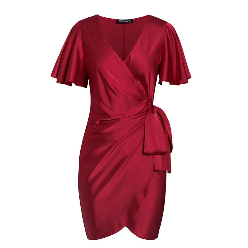 Sexy Red Party Streetwear Solid Ruffled Wrap Sash Mini V-neck Asymmetrical Chic Evening Summer Dress