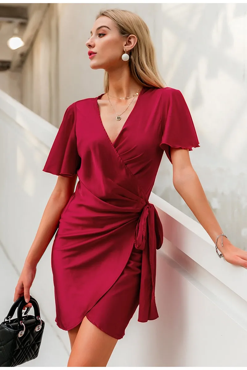 Sexy Red Party Streetwear Solid Ruffled Wrap Sash Mini V-neck Asymmetrical Chic Evening Summer Dress