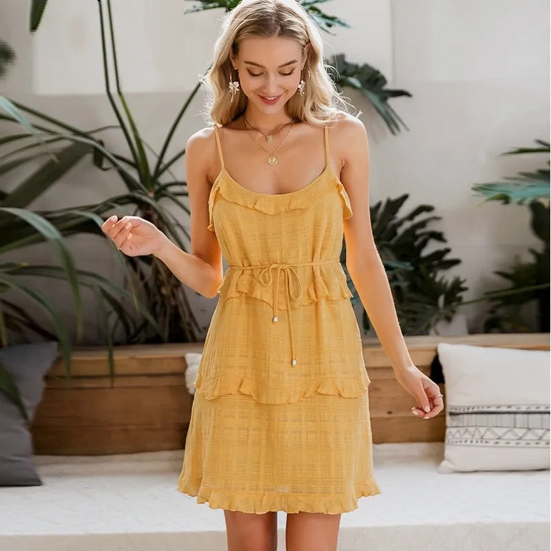 Sexy Sleeveless Beach Streetwear Ruffled Sash Summer Casual Holiday Solid Party Bodycon Mini Dress