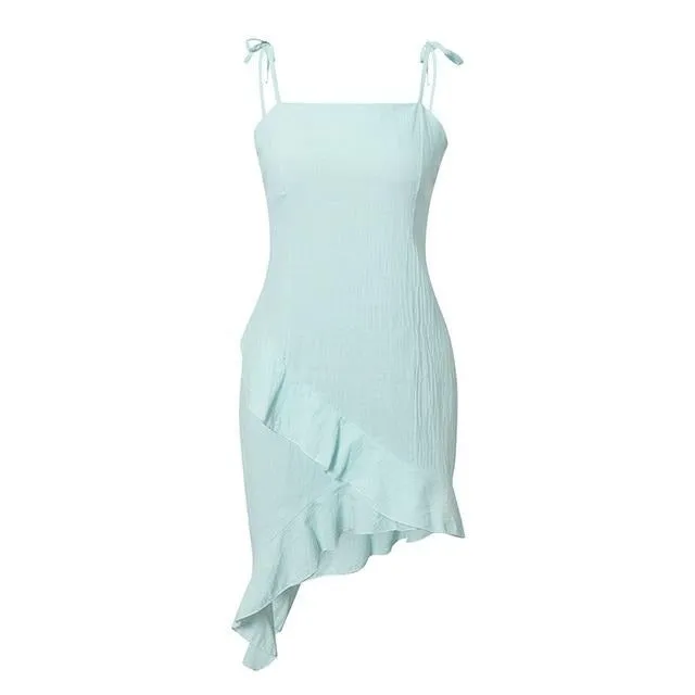 Sexy Sleeveless Ruffled Strap Asymmetrical Solid Bodycon Elegant Spring Summer Tube Party Dress