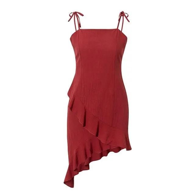 Sexy Sleeveless Ruffled Strap Asymmetrical Solid Bodycon Elegant Spring Summer Tube Party Dress