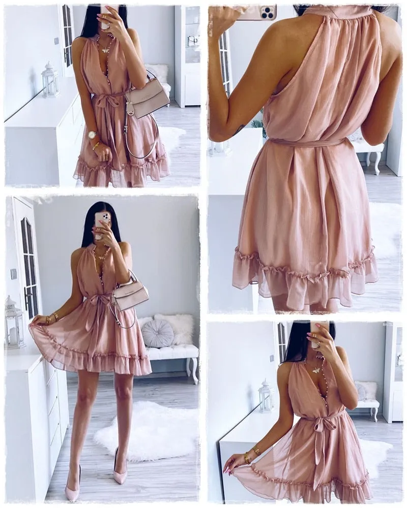 Sexy Sleeveless Solid Ruffled Sash Buttons Party Summer Casual Holiday Chiffon Beach Mini Dress