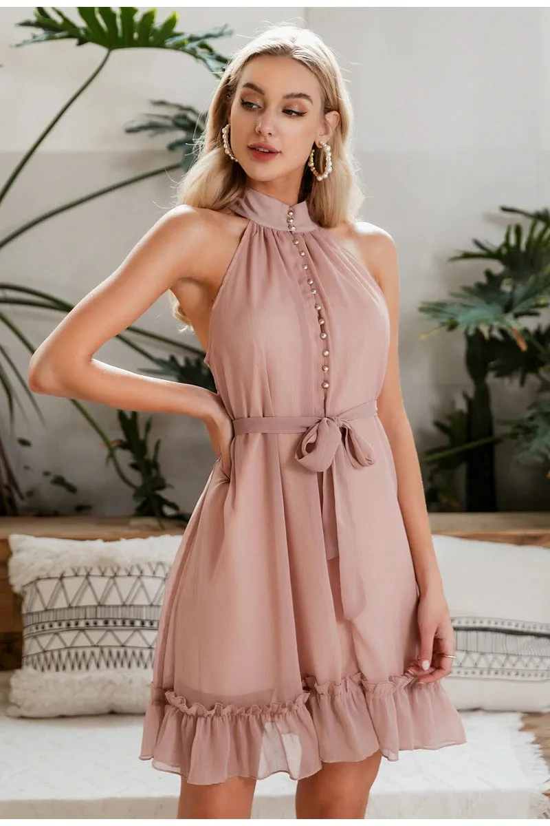 Sexy Sleeveless Solid Ruffled Sash Chiffon Summer Beach Mini Dress