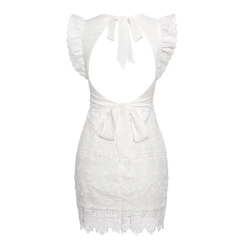 Sexy Sleeveless White Backless Ruffled Strap Lace Bodycon Elegant Mini Party Dress