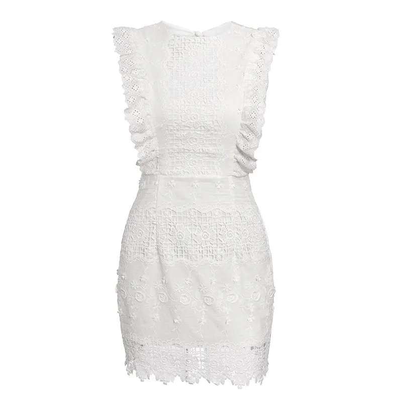 Sexy Sleeveless White Backless Ruffled Strap Lace Bodycon Elegant Mini Party Dress