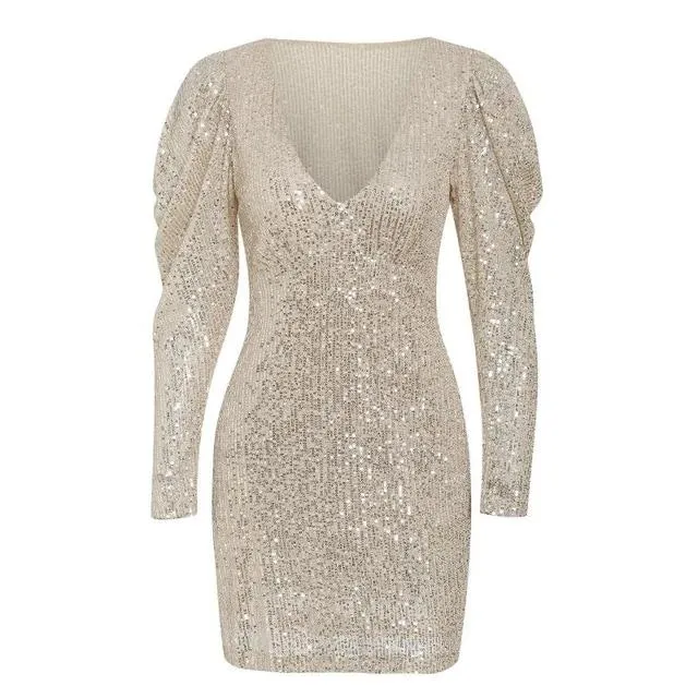 Sexy V-Neck Party Long Sleeve Bodycon Sequined Mini Dress