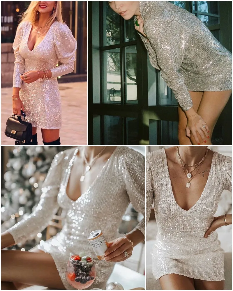 Sexy V-Neck Party Long Sleeve Bodycon Sequined Mini Dress