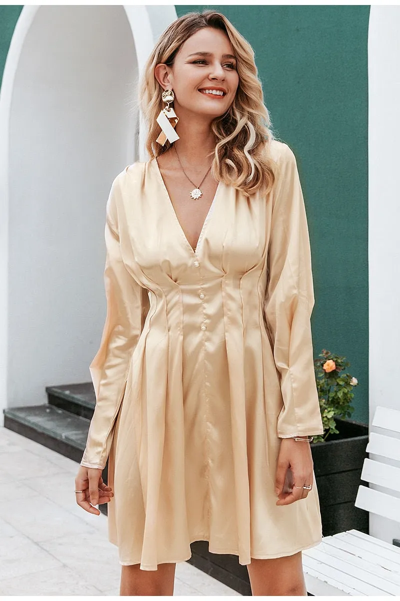 Sexy V-neck Satin Long Sleeve Pleated Autumn Winter Female Mini Dress