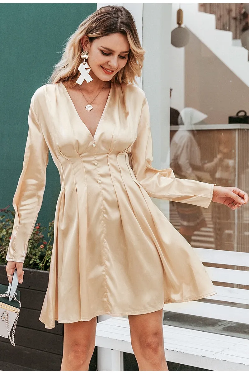 Sexy V-neck Satin Long Sleeve Pleated Autumn Winter Female Mini Dress