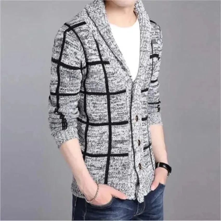 Shawl Collar Grey Stripped Cardigan