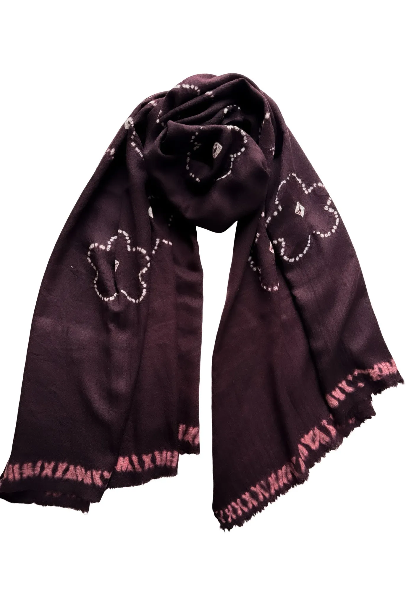 Shibori Flowers Pashmina - Brown with Pink Edge