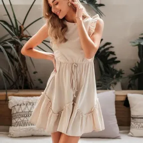 Sleeveless Ruffled High Waist Belt O-neck A-line Summer Cotton Solid Office Mini Dress