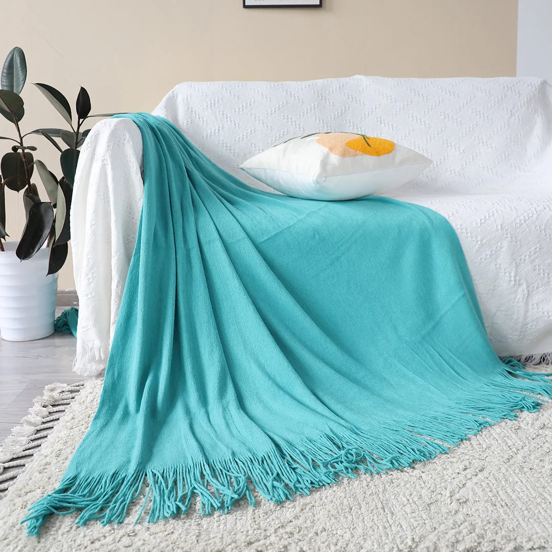 SOGA Teal Acrylic Knitted Throw Blanket Solid Fringed Warm Cozy Woven Cover Couch Bed Sofa Home Decor