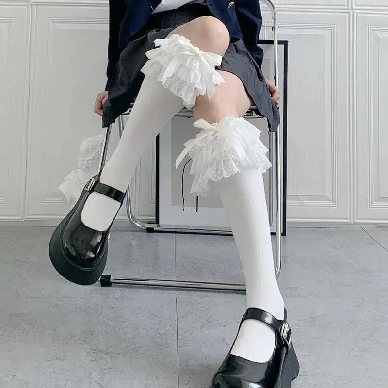 Solid Color Lolita Knee High Socks With Ribbon | Lolita Outfits