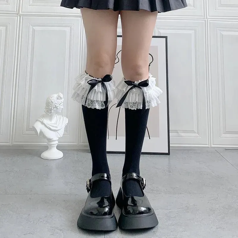 Solid Color Lolita Knee High Socks With Ribbon | Lolita Outfits