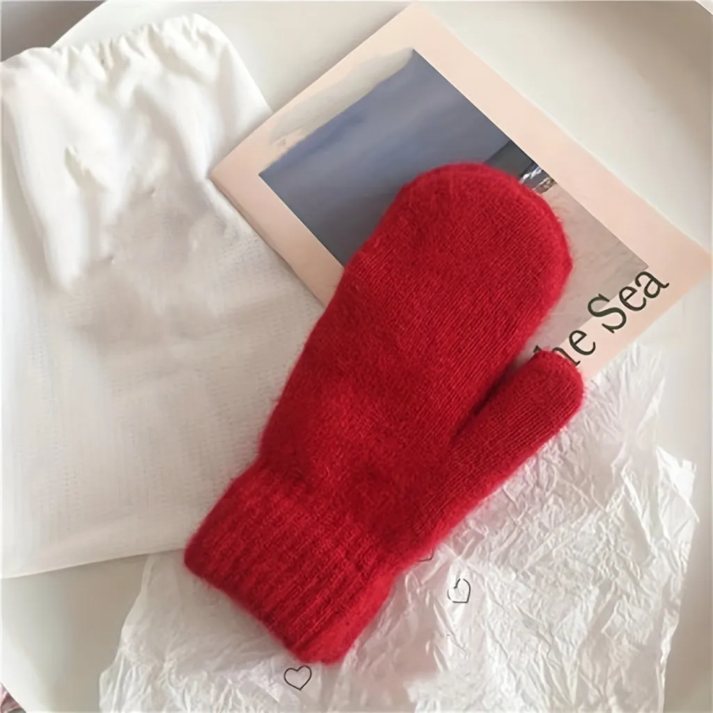 Solid Color Simple Knit Mittens Elegant Soft Plus Velvet Warm Gloves Autumn Winter Coldproof Versatile Unisex Gloves