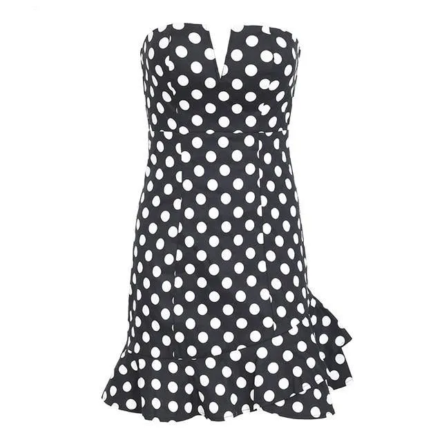 Strapless Polka Dot Mini Sexy Backless Ruffle Bodycon Party Short Dress