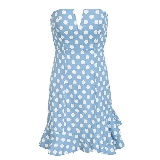 Strapless Polka Dot Mini Sexy Backless Ruffle Bodycon Party Short Dress