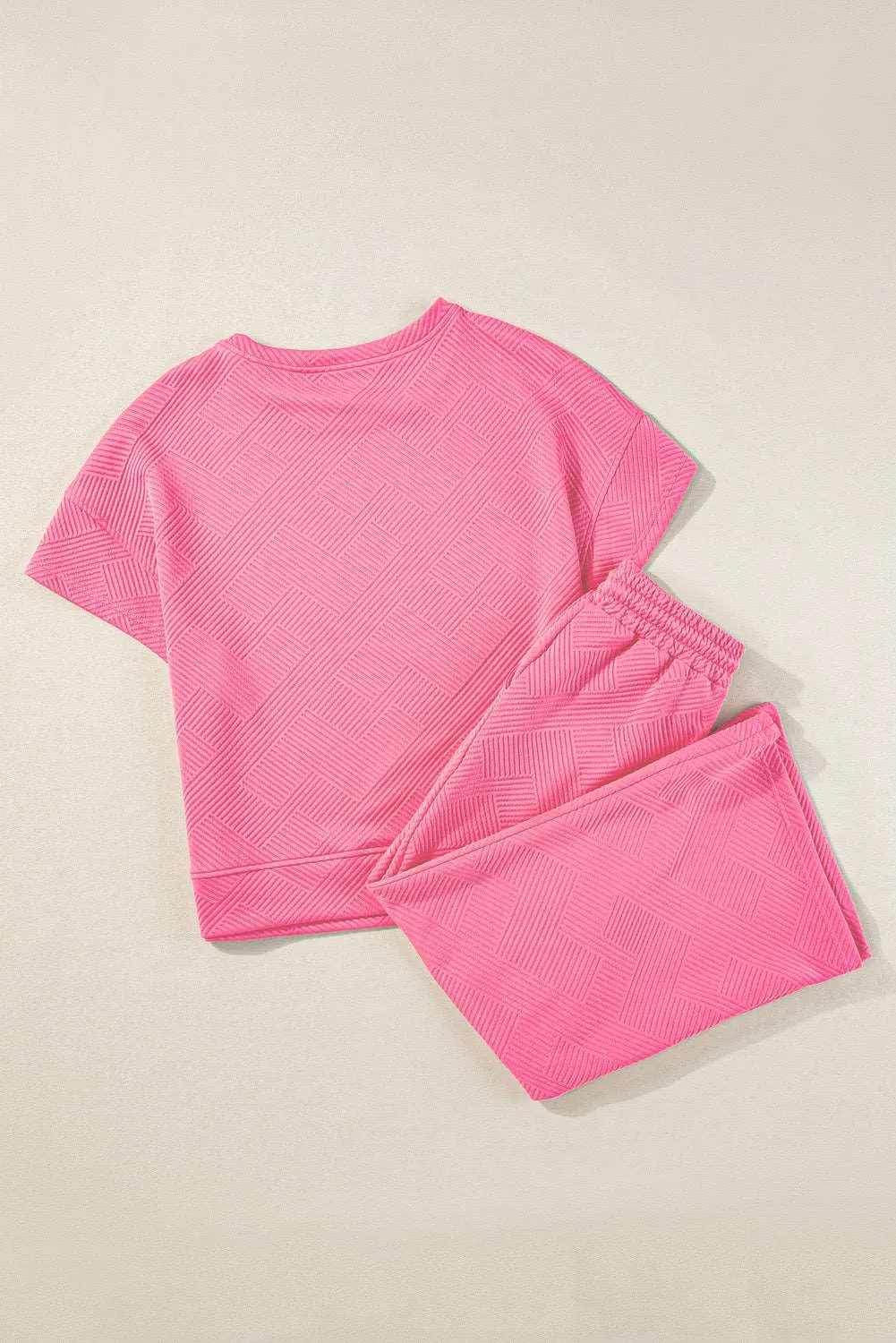 Strawberry Pink Textured Loose Fit T Shirt and Drawstring Pants Set