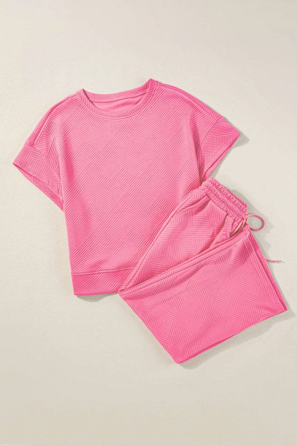 Strawberry Pink Textured Loose Fit T Shirt and Drawstring Pants Set