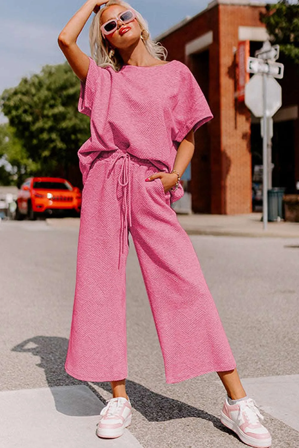 Strawberry Pink Textured Loose Fit T Shirt and Drawstring Pants Set