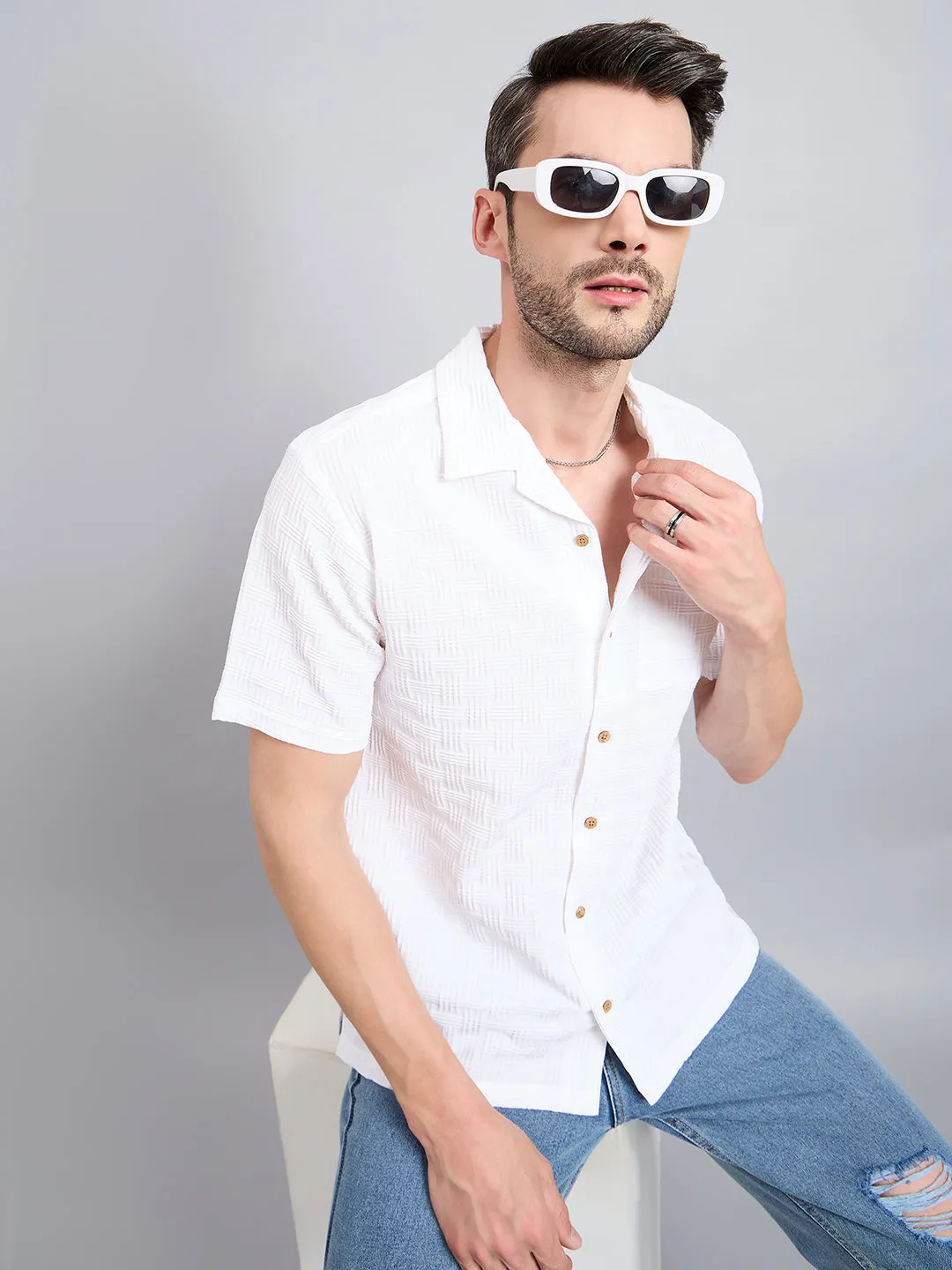 Style Quotient Men White Textured Oversize Shirt