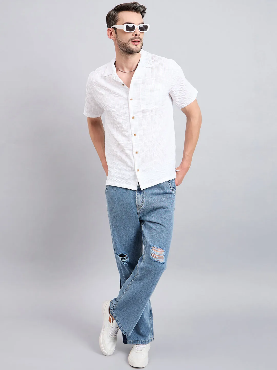 Style Quotient Men White Textured Oversize Shirt