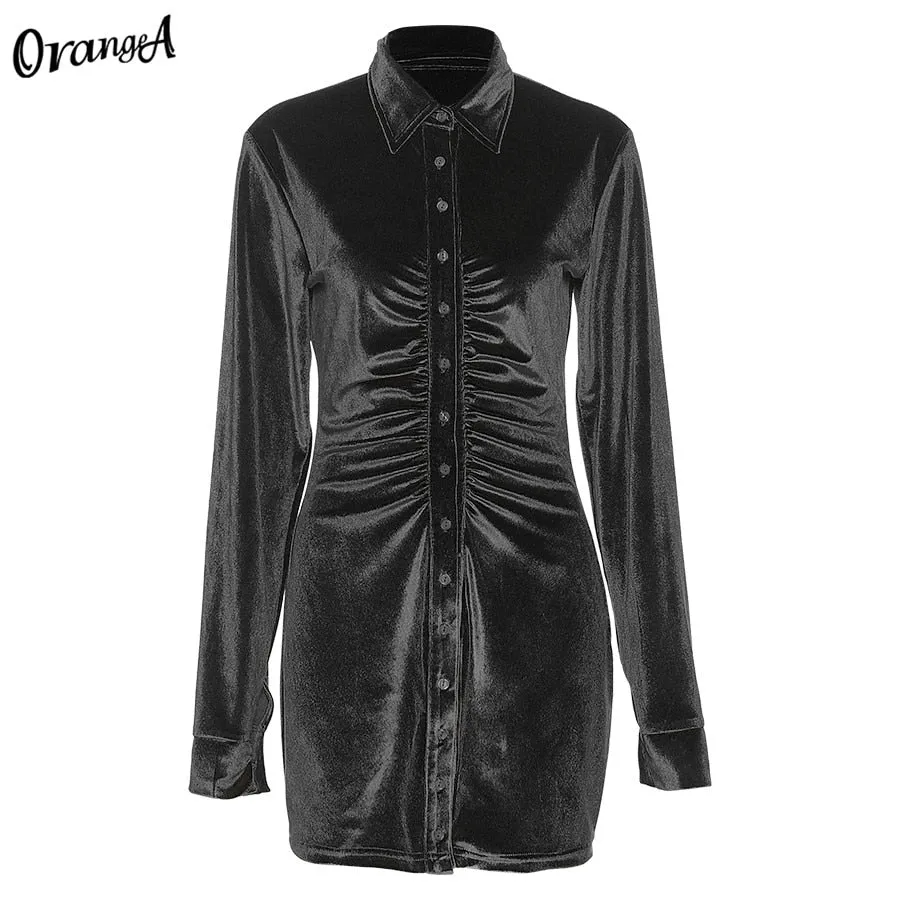 Summer Long Sleeve Velvet Button Bodycon Mini Elastic Hight Streetwear Elegant Female Fashion High Street Dress