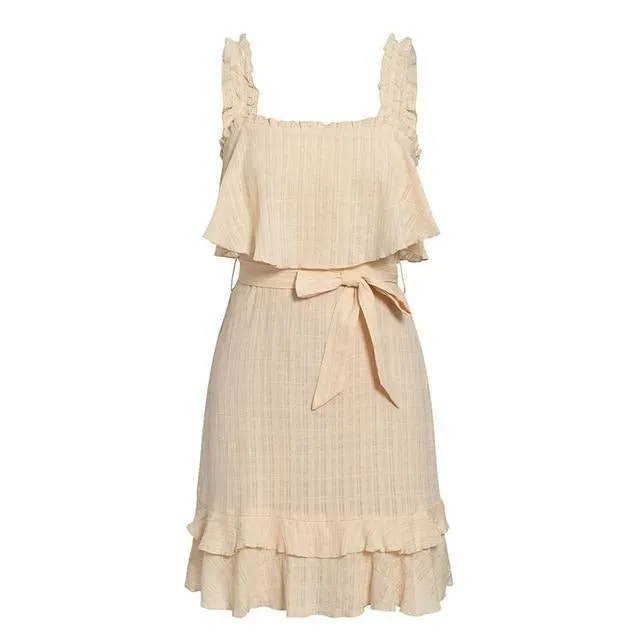 Summer Sleeveless Sexy Ruffled Solid Plaid Sash Cotton Holiday Beach Party Dress