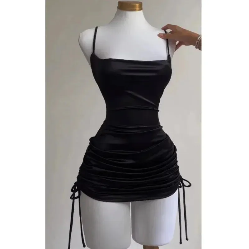 TAVIMART  -  Sexy Lace Up Bodycon Satin Mini Dresses Women Sleeveless Backless Elegant Party Club Dress Streetwear Evening Vestido Black Robe