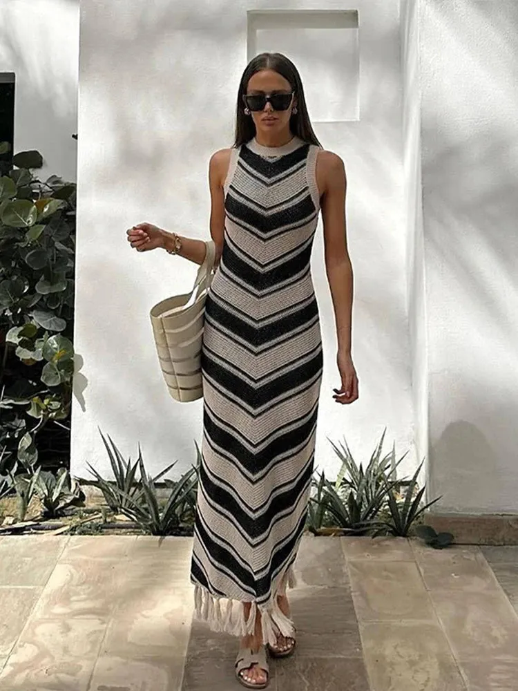 TAVIMART -  Striped Knitted Tassels Long Dress For Women Sleeveless Contrasting O-neck Bodycon Holiday Dresses Female 2024 Spring Streetwear