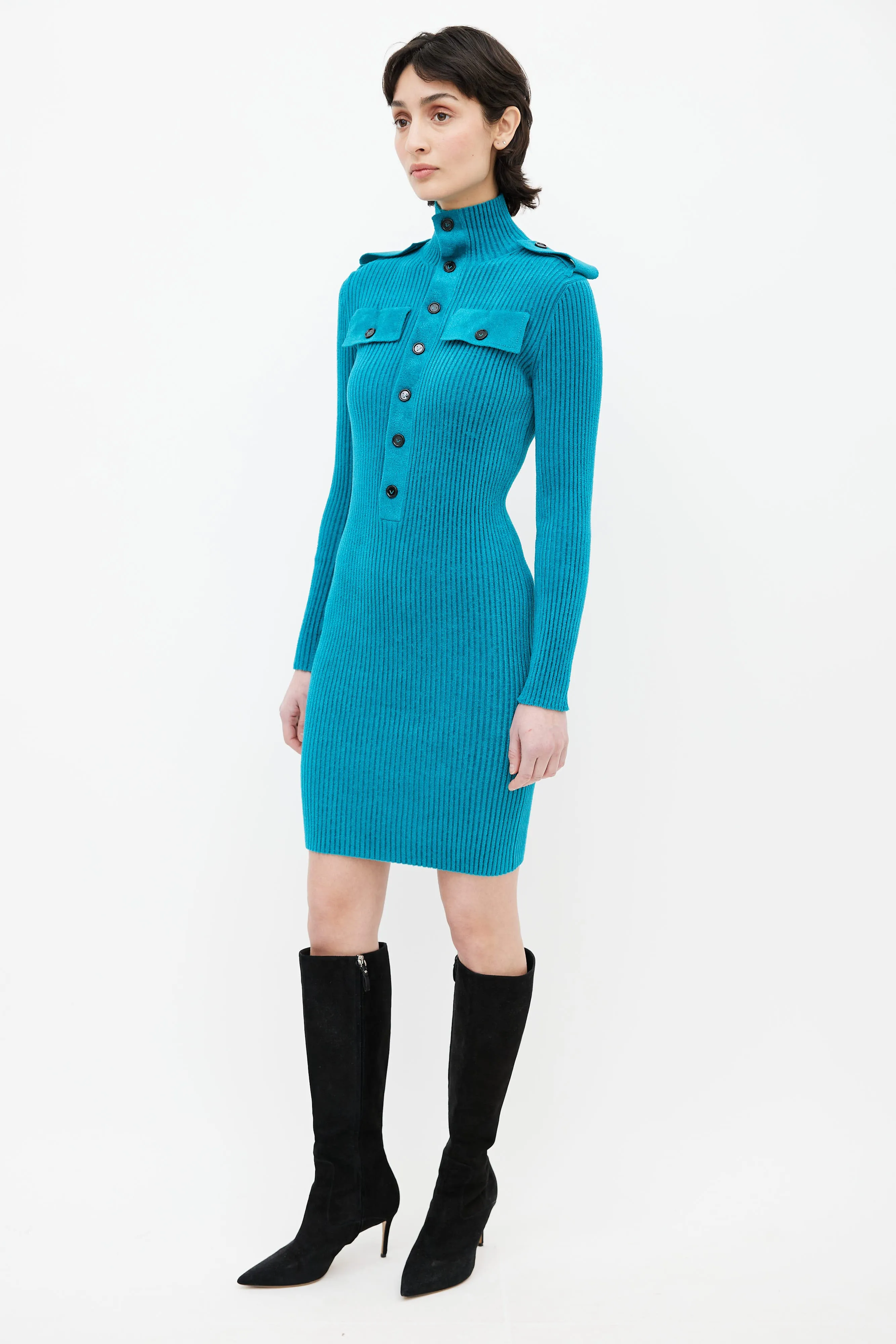 Teal Ribbed Sweater Dress