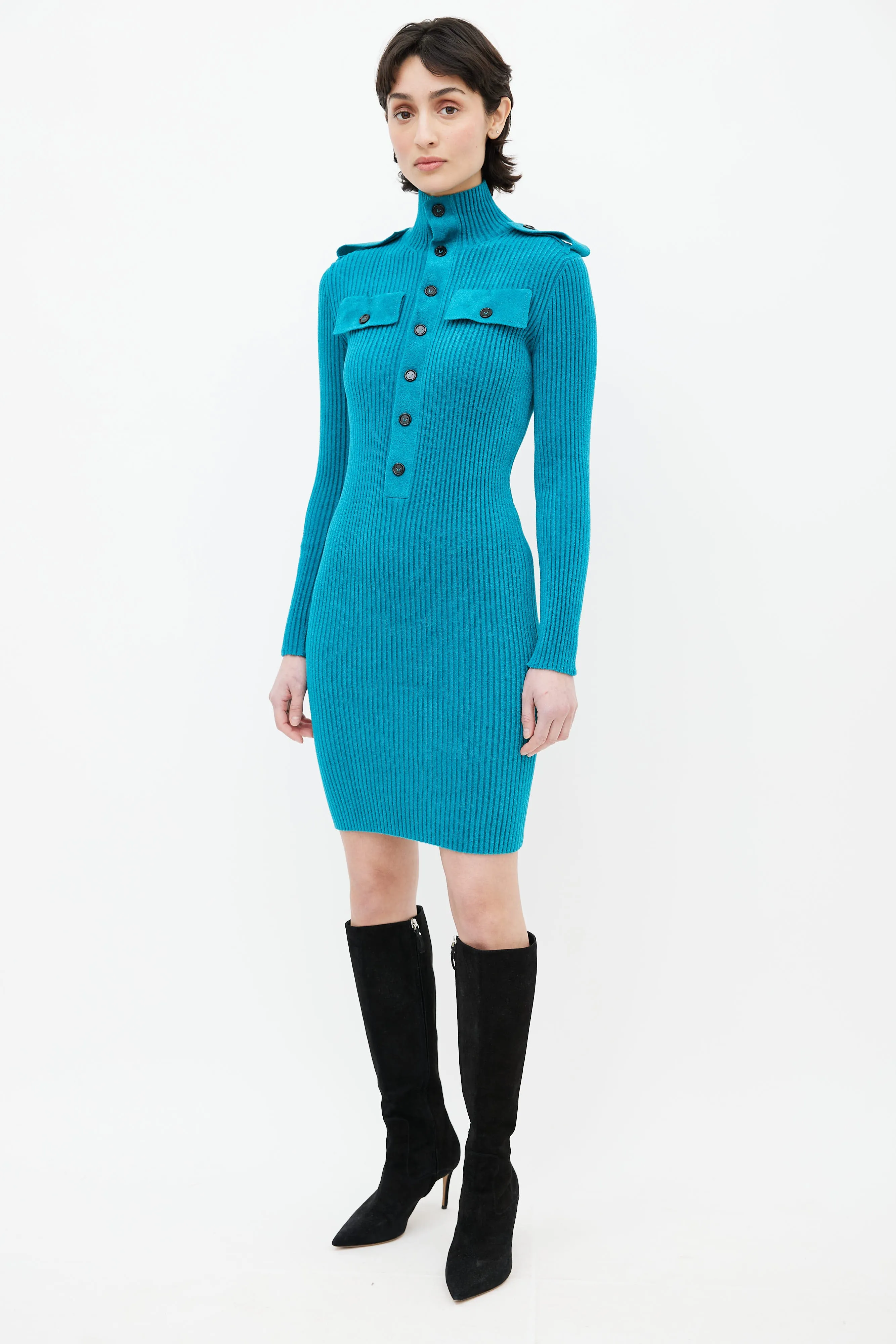 Teal Ribbed Sweater Dress