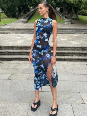 Territory 2024 Summer Blue Floral Printed Mid-calf Mesh Dresses for Women Sexy Elegant Sleeveless Bodycon See Through Slit Holiday Dress