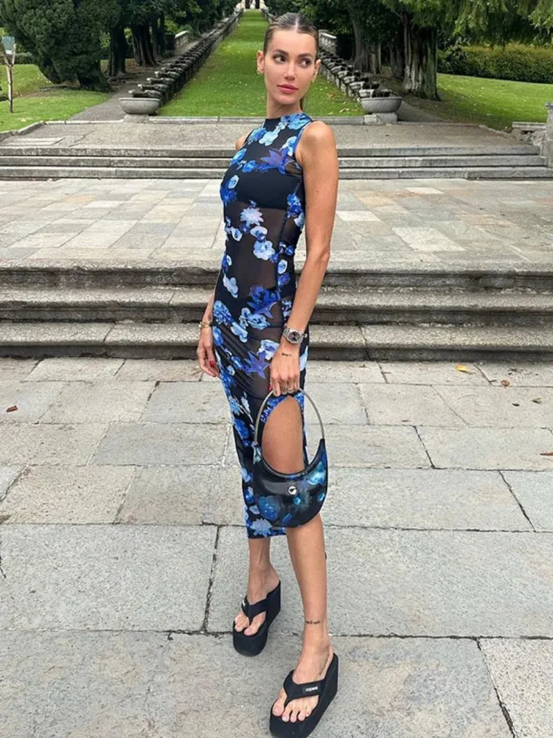 Territory 2024 Summer Blue Floral Printed Mid-calf Mesh Dresses for Women Sexy Elegant Sleeveless Bodycon See Through Slit Holiday Dress