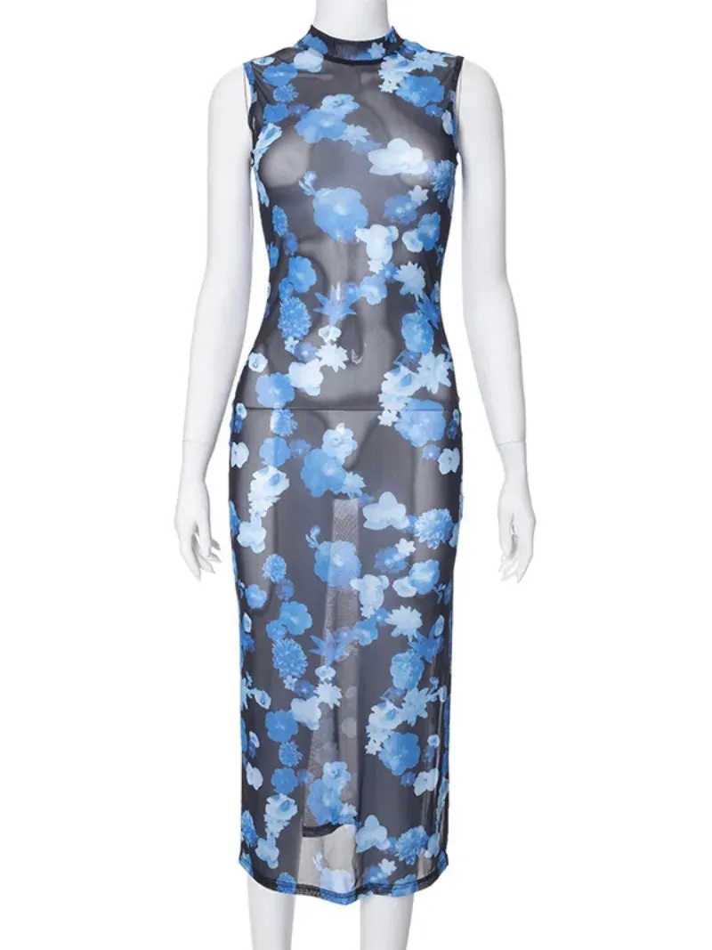 Territory 2024 Summer Blue Floral Printed Mid-calf Mesh Dresses for Women Sexy Elegant Sleeveless Bodycon See Through Slit Holiday Dress